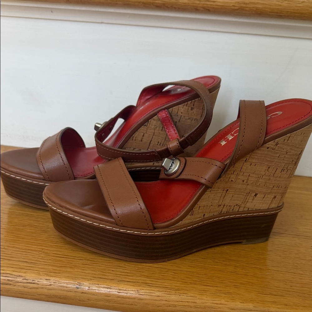 Coach Brown Leather Platform Sandals with Red Insole Accent - Picture 2 of 3